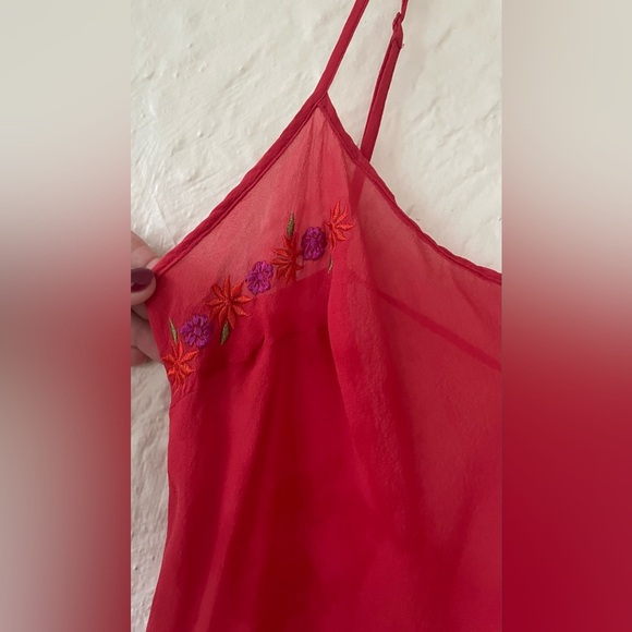 Victoria’s Secret 100% Silk Red Sheer Chemise Gold Floral Embroidery Vintage; M - Picture 2 of 10
